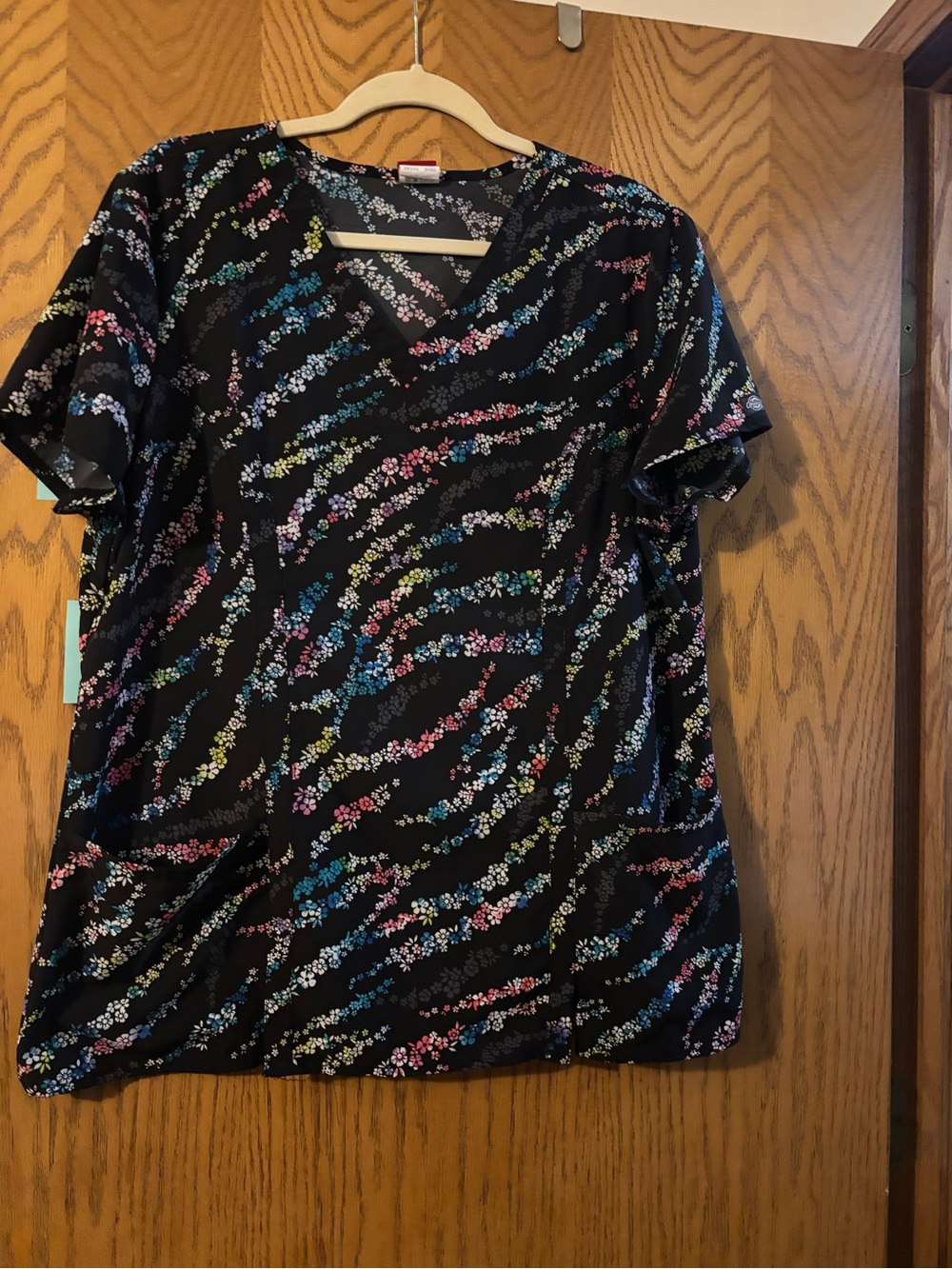 Dickies Black V-Neck Tunic with Multicolor Floral Bands